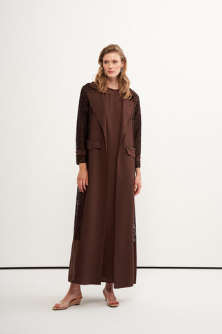 Boncuk İşlemeli Dantelli Abaya - kahve