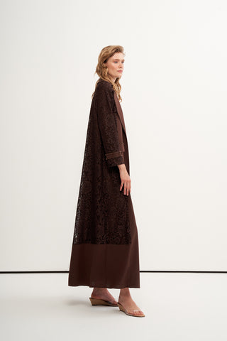 Boncuk İşlemeli Dantelli Abaya - kahve