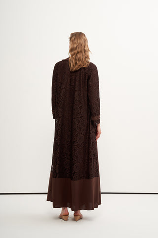 Boncuk İşlemeli Dantelli Abaya - kahve
