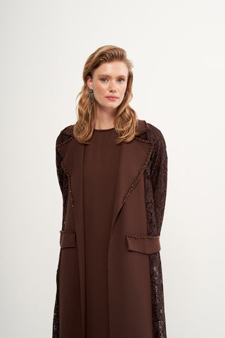 Boncuk İşlemeli Dantelli Abaya - kahve