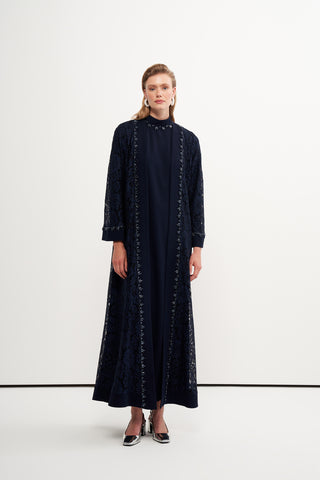 Dantelli ve Boncuk İşlemeli Abaya - lacivert