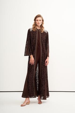 Ön Patı ve Omuzları Boncuk İşlemeli Abaya - kahve