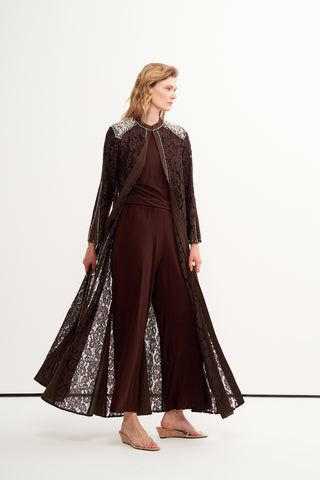 Ön Patı ve Omuzları Boncuk İşlemeli Abaya - kahve