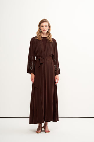 Boncuk İşleme Detaylı Abaya - kahve
