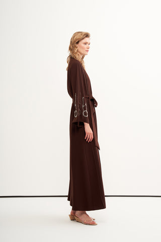 Boncuk İşleme Detaylı Abaya - kahve