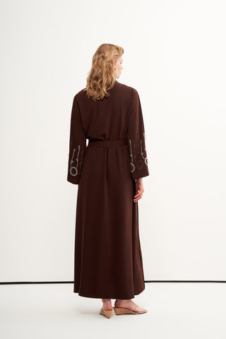 Boncuk İşleme Detaylı Abaya - kahve