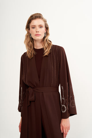Boncuk İşleme Detaylı Abaya - kahve