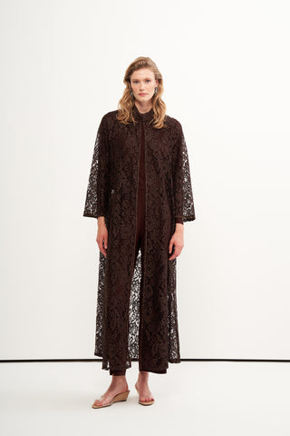 Dantelli Boncuk İşleme Detaylı Abaya -kahve