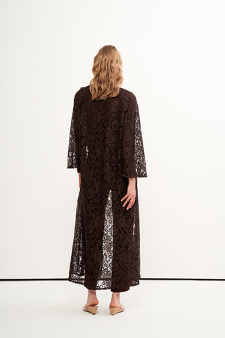 Dantelli Boncuk İşleme Detaylı Abaya -kahve