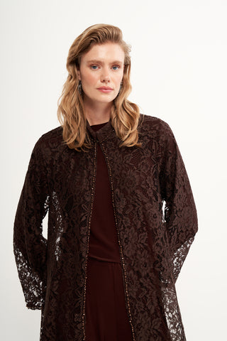 Dantelli Boncuk İşleme Detaylı Abaya -kahve