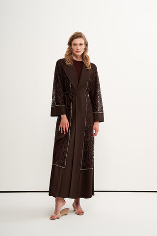 Dantelli Ceket Yaka Abaya - kahve
