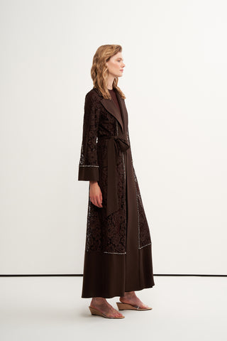 Dantelli Ceket Yaka Abaya - kahve