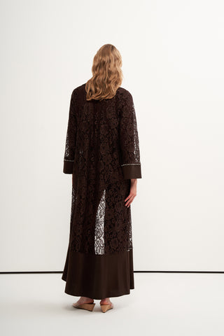 Dantelli Ceket Yaka Abaya - kahve