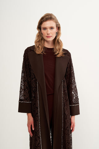 Dantelli Ceket Yaka Abaya - kahve