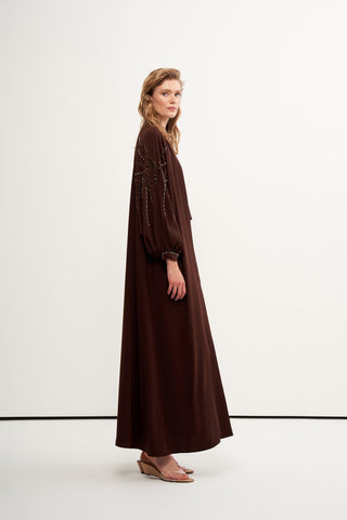 Yarasa Kol ve Boncuk İşleme Detaylı Abaya - kahve