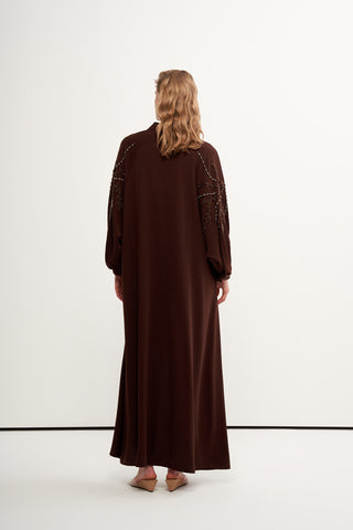 Yarasa Kol ve Boncuk İşleme Detaylı Abaya - kahve