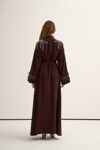 Kol Uçları Tüy Detaylı ve Taş İşlemeli Abaya - kahve