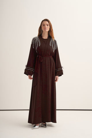 Kol Uçları Tüy Detaylı ve Taş İşlemeli Abaya - kahve