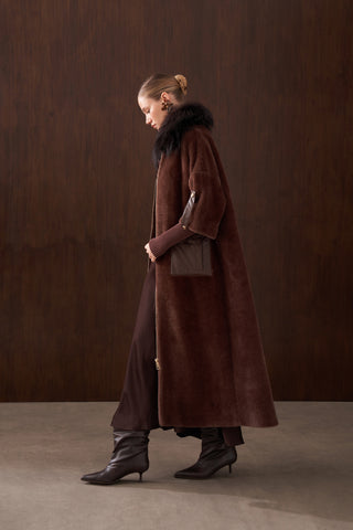 Deri Cep Detaylı Kürklü Angora Kaban - kahve