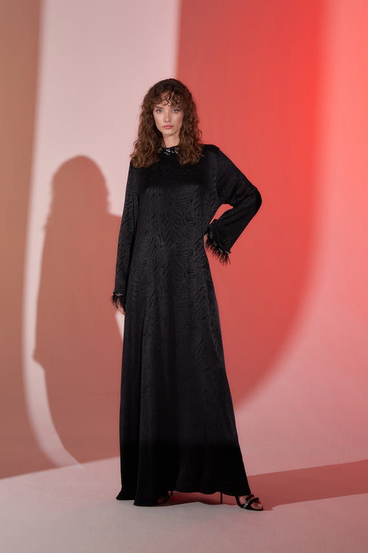 Taş Ve Tüy Detaylı Jakarlı Elbise - siyah 