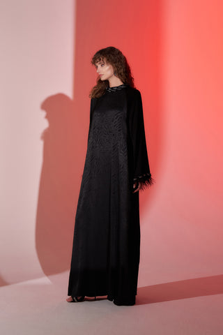 Taş Ve Tüy Detaylı Jakarlı Elbise - siyah 