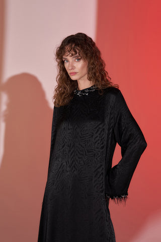 Taş Ve Tüy Detaylı Jakarlı Elbise - siyah 