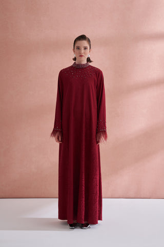 Taş ve Tüy Detaylı Jakarlı Elbise - bordo