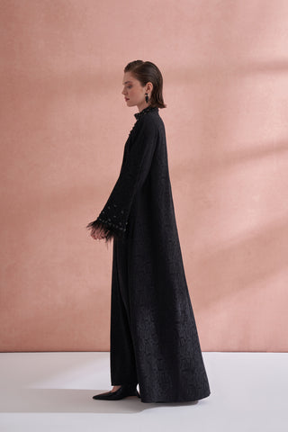Taş ve Tüy Detaylı Jakarlı Elbise - siyah